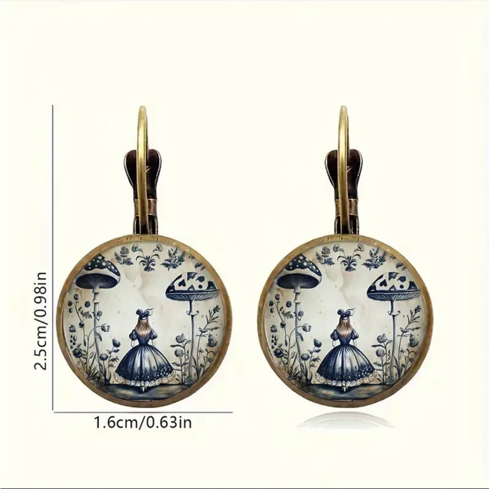 🆕 Alice in Wonderland - Fantasy Mushroom Art - Whimsical - Drop Earrings 🍄 - Picture 5 of 8